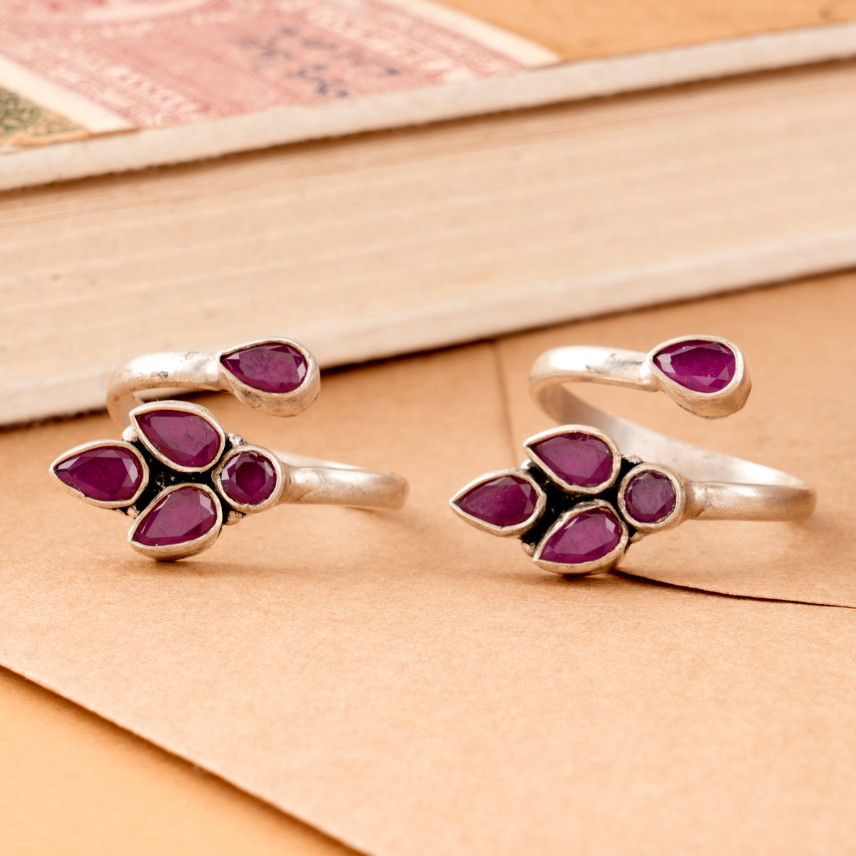 Floral Ruby Tear Drop Silver Toe Ring