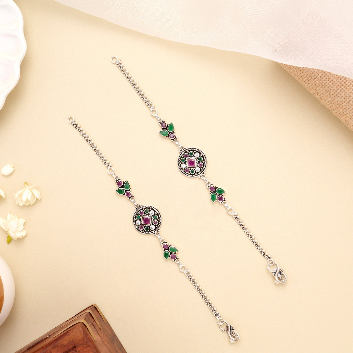 Ruby Emerald Medallion Antique Silver Anklet