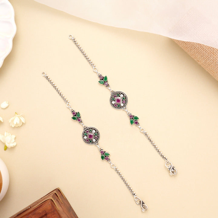 Ruby Emerald Medallion Antique Silver Anklet