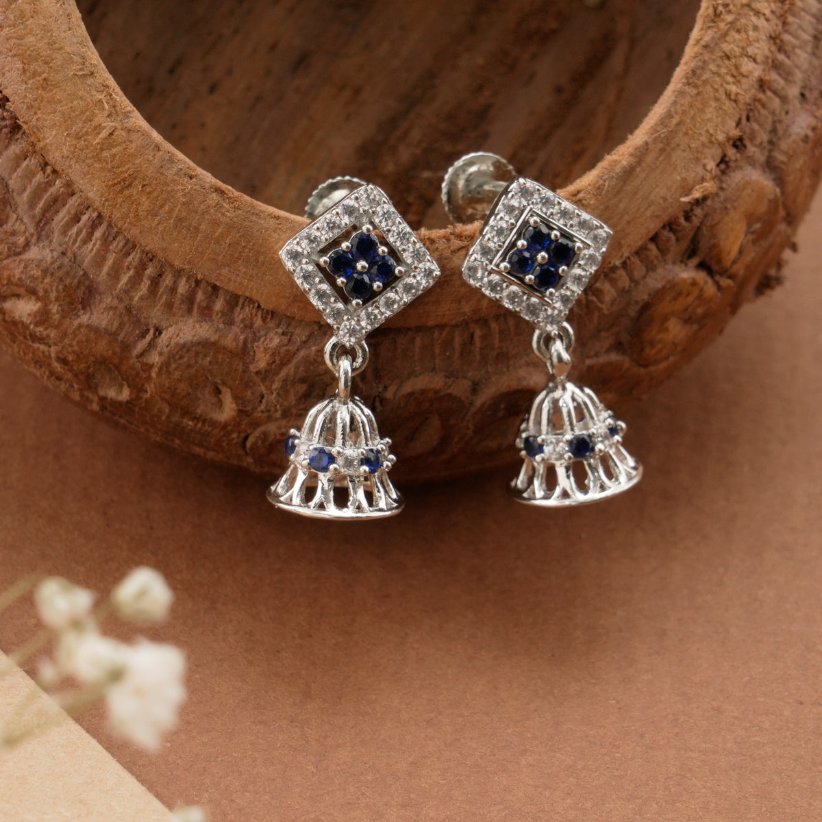 Classic Square Bell Blue Stone Silver Jhumkas