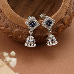 Classic Square Bell Blue Stone Silver Jhumkas
