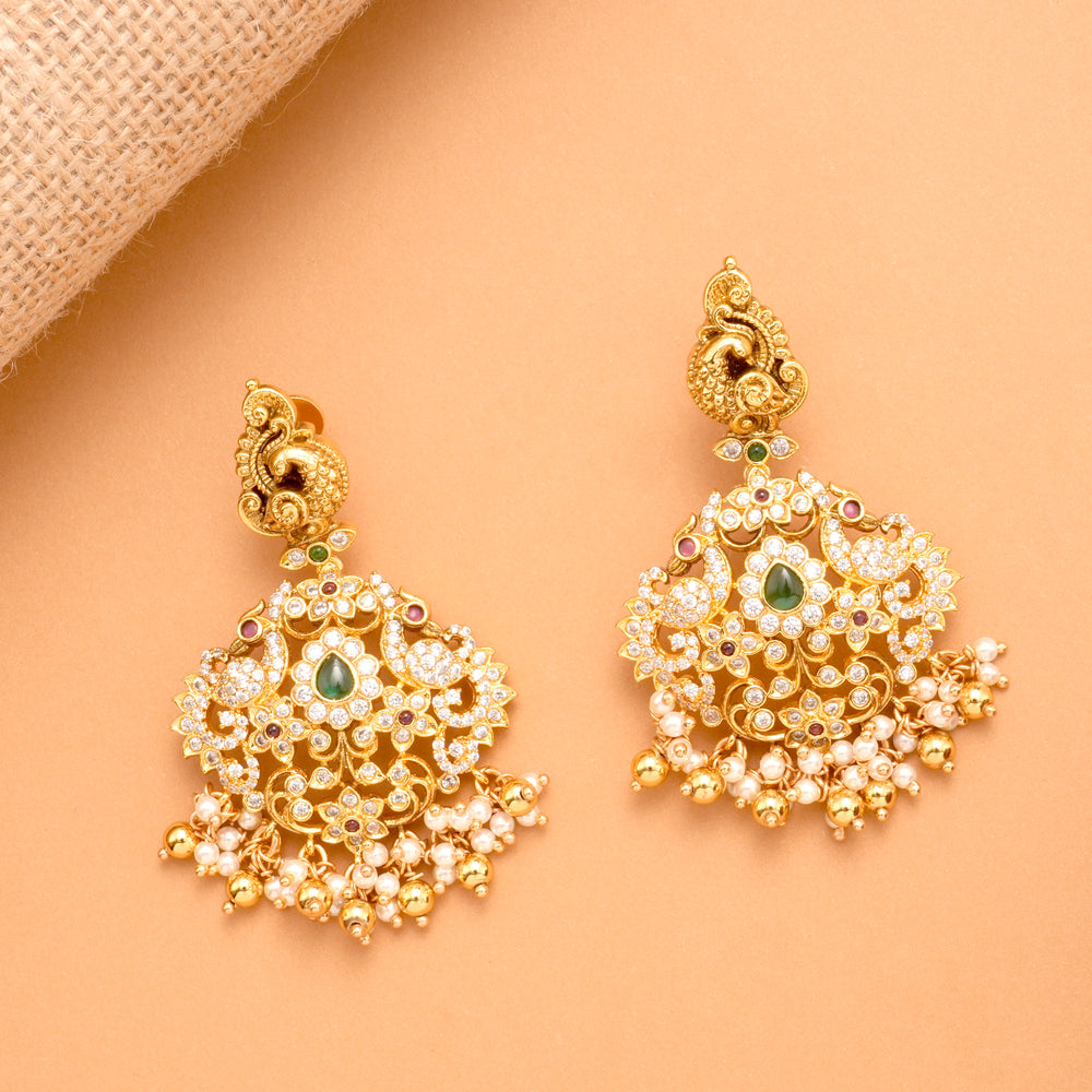 White Stone Peacock with Emerald Golden Earrings
