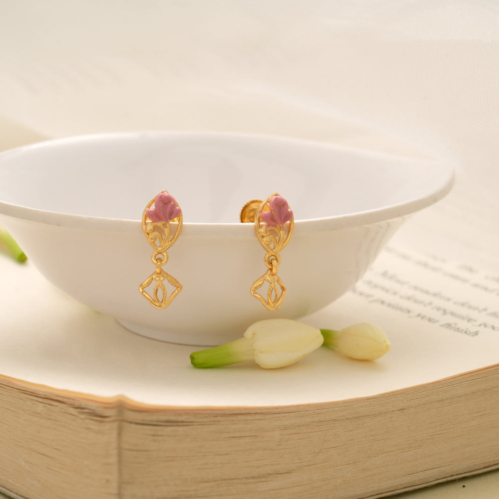 Minimal Pink Floral Design Golden Earring