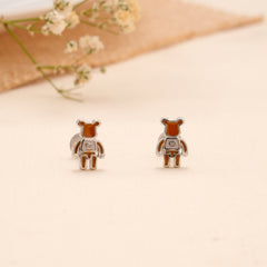 Brown Teddy Robot Enamel Silver Stud