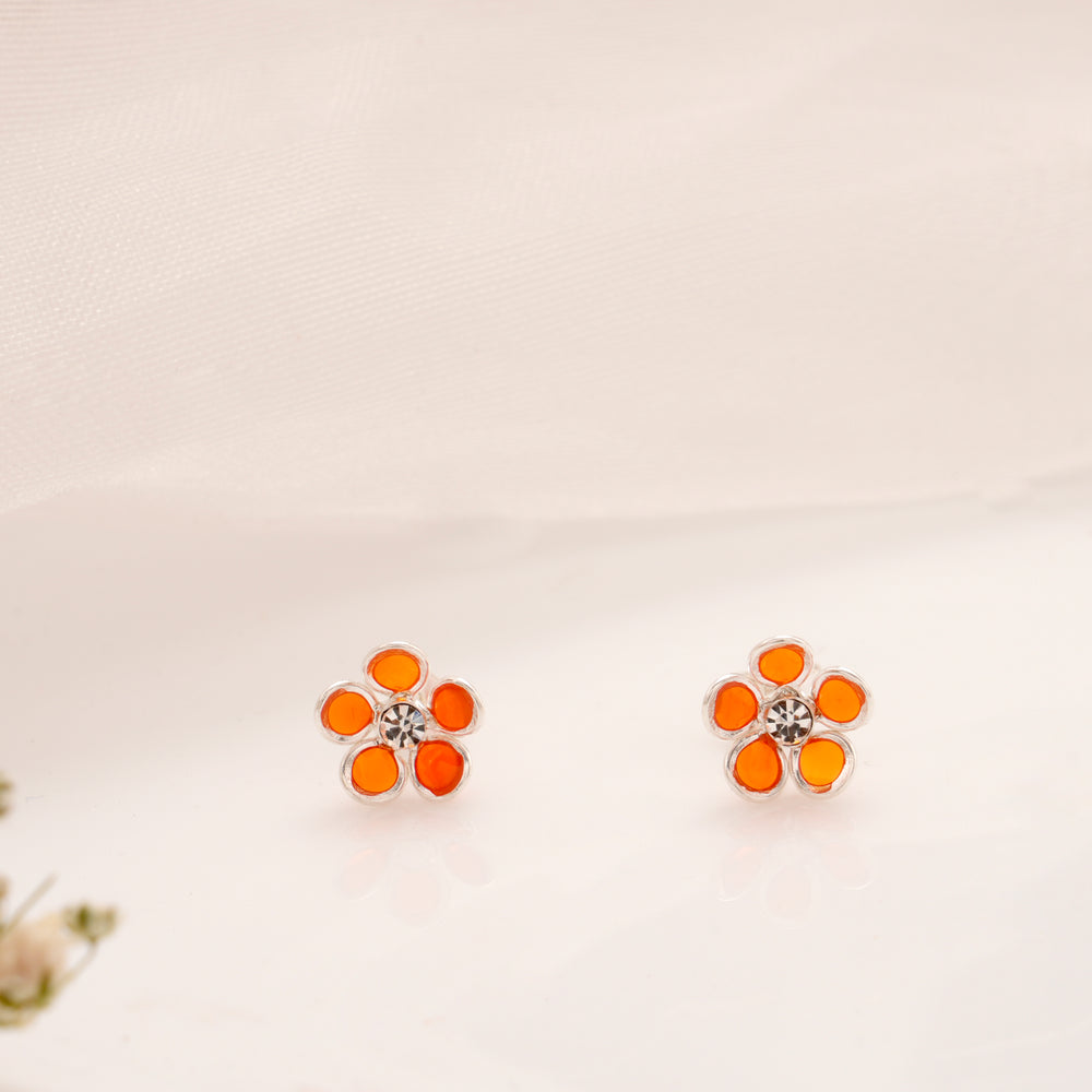Orange Enamel Floral Silver Stud