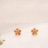 Orange Enamel Floral Silver Stud