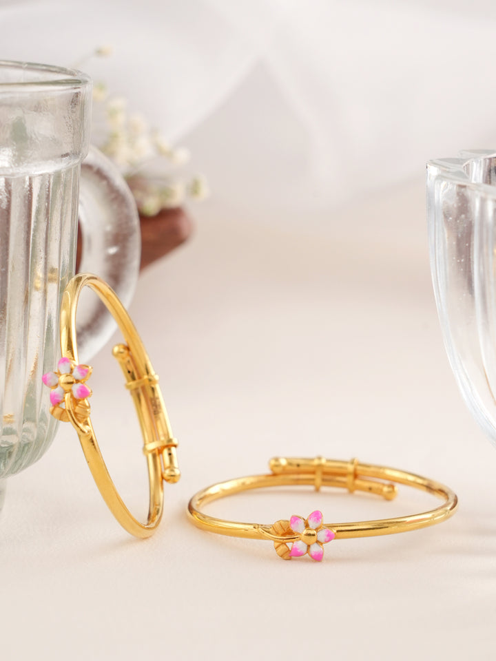 Elegant Pink Flower Adjustable Gold Bangle
