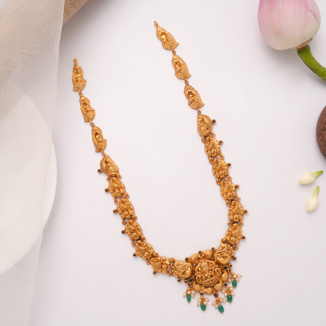 Nagas Lakshmi Devi with Green Drops Golden Haram