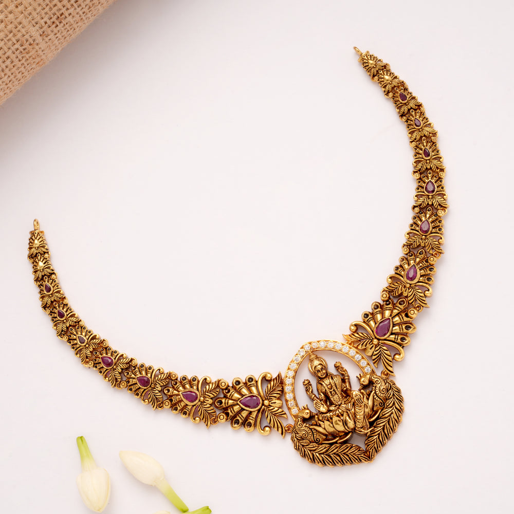 Regal Ruby Antique Lotus Lakshmi Golden Necklace