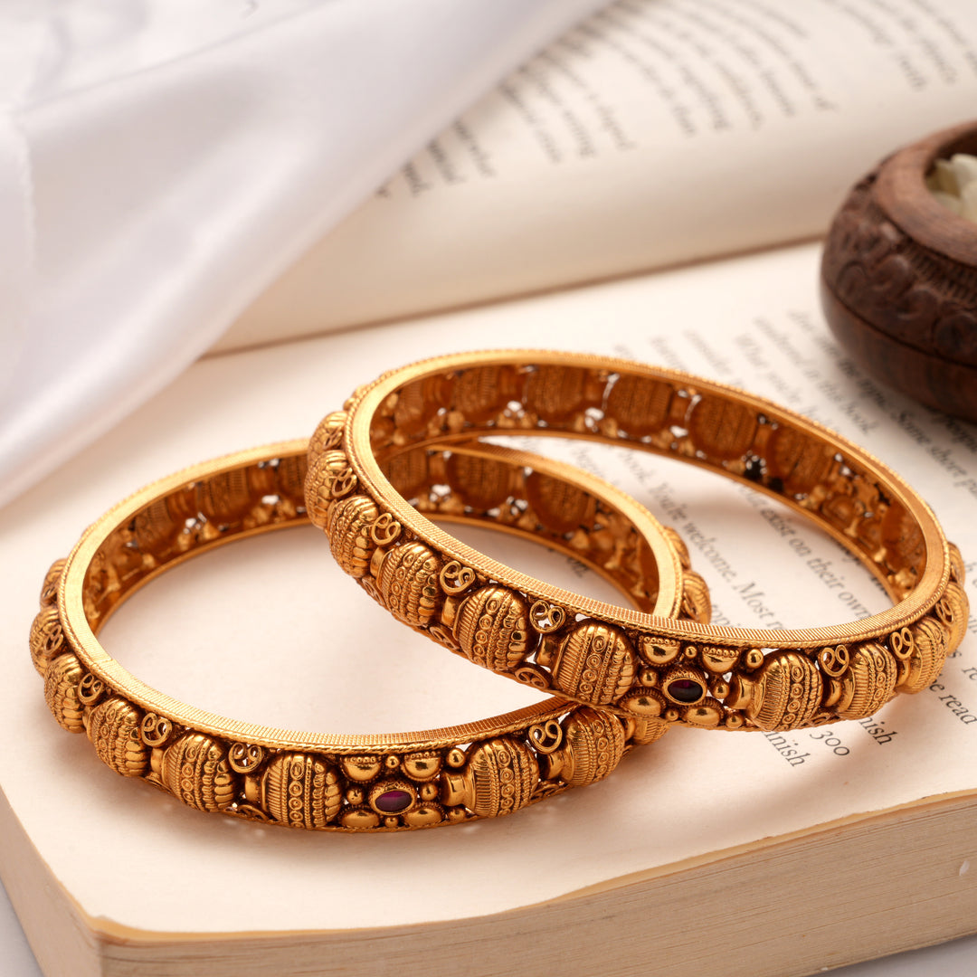 Nagas Kalasam Design Ruby Stone Golden Bangles