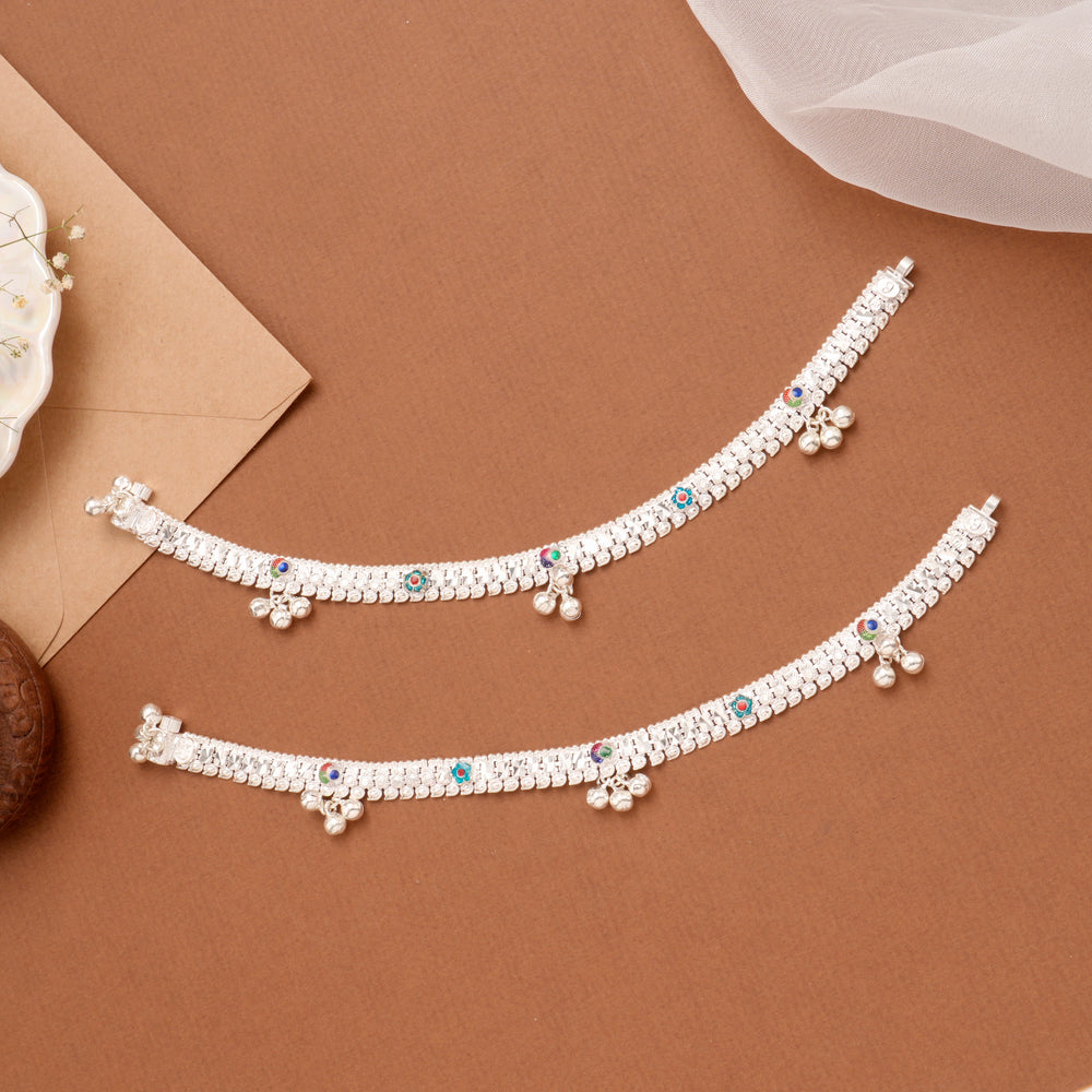 Floral Bell Drop Silver Anklet