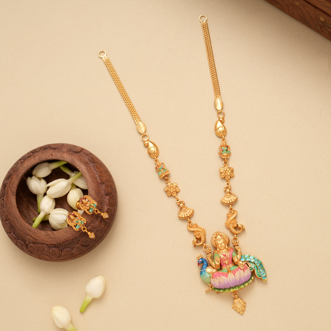 Devotional Lotus Lakshmi Peacock Golden Necklace Set