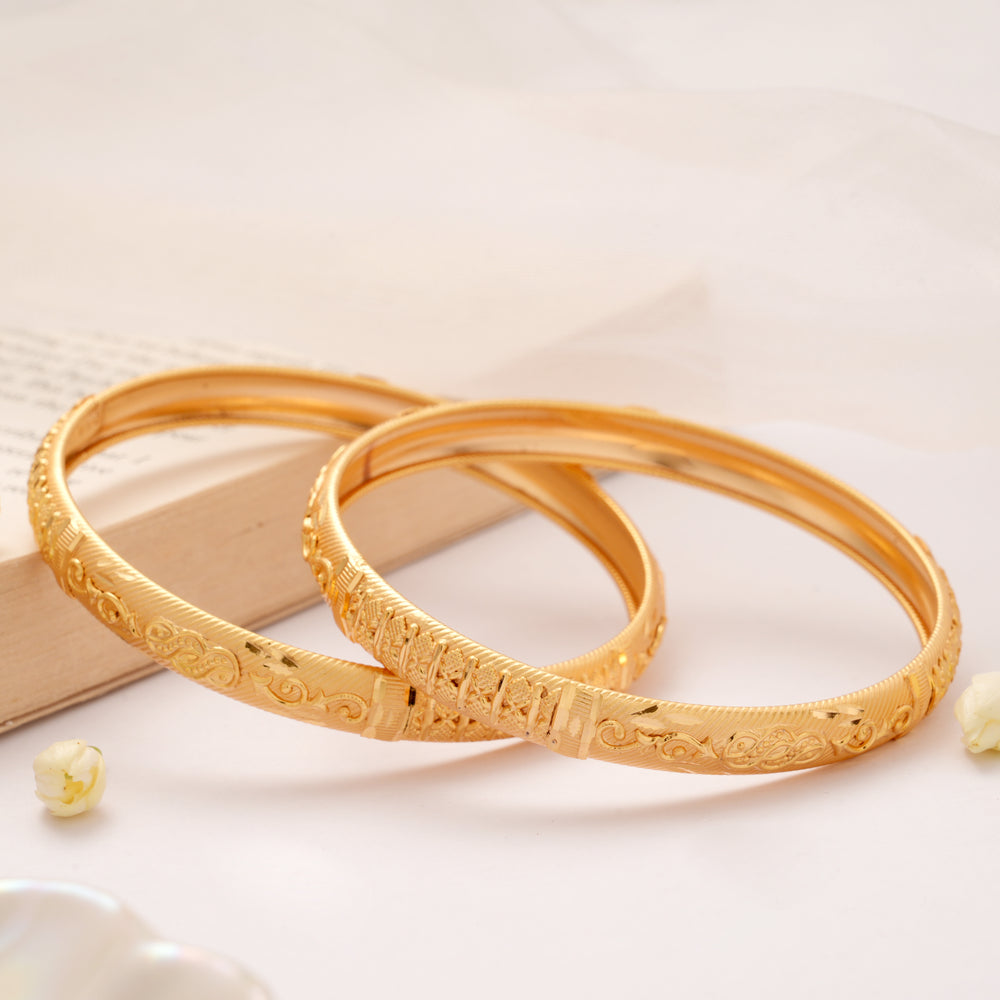 Traditional Leaf Design Engraved Golden Bangles