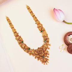 Silver Lakshmi Lotus Temple Haram with Mango Motifs and Gold Ball Drops