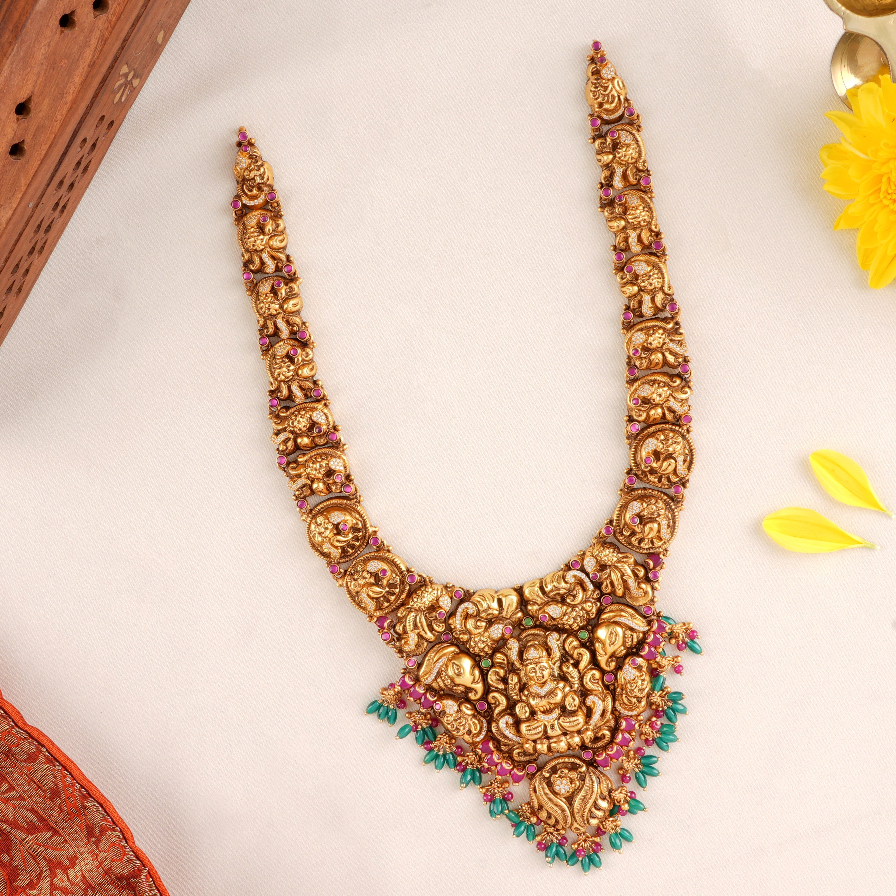 Green and Pink Beads Lakshmi Haram - Sri Anu Jewellers.