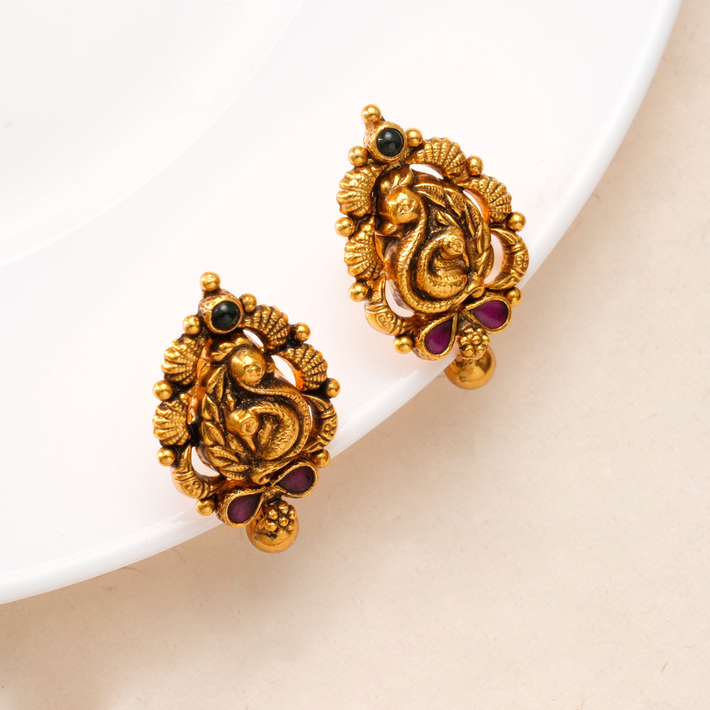 Antique Peacock with Ruby Golden Earring