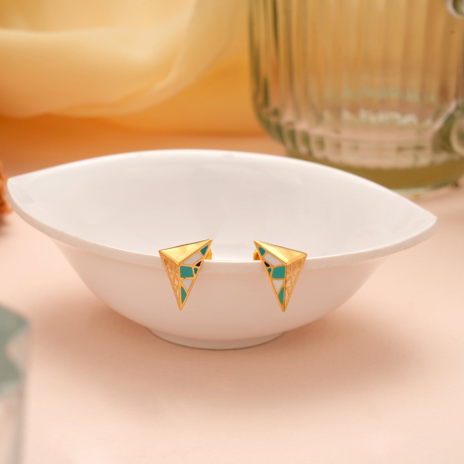 Stylish Teal and White Enamel Gold Stud