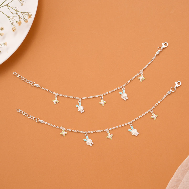 Cute Bunny and Floral Silver Baby Anklets