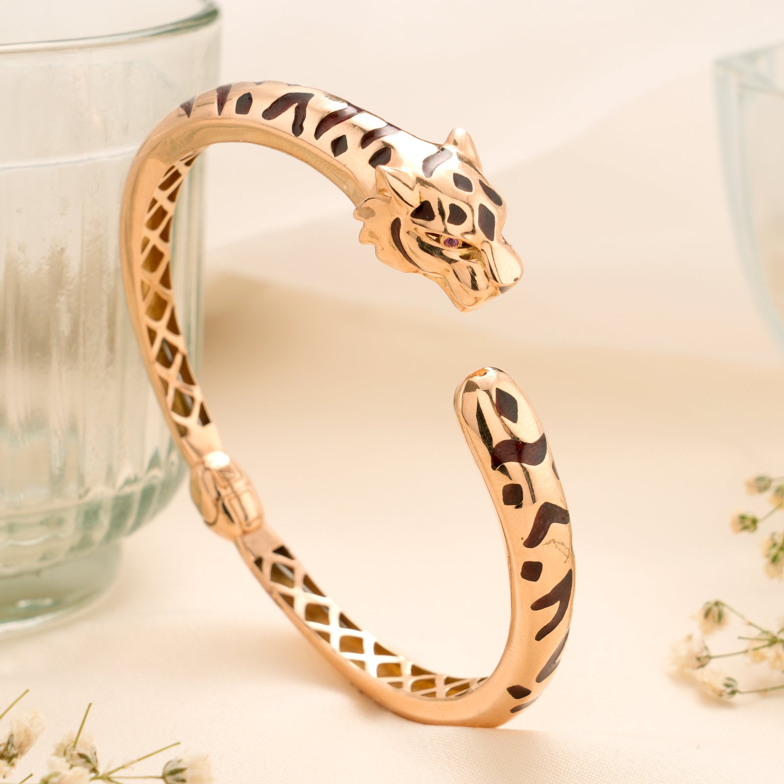 Geometric Panther Head Open Cuff Gold Kada