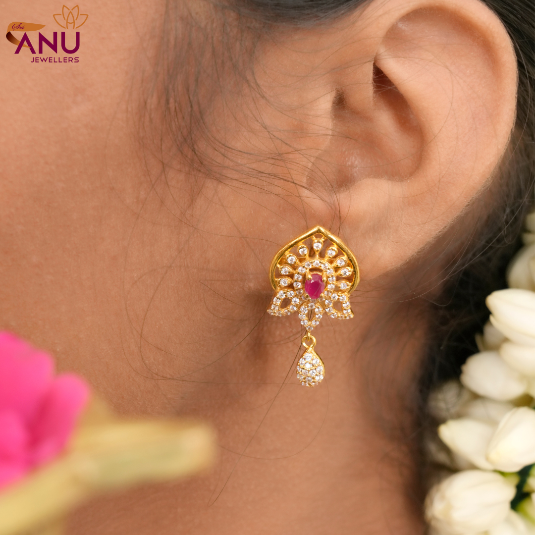 Floral Ruby White Stone Drop Gold Earring