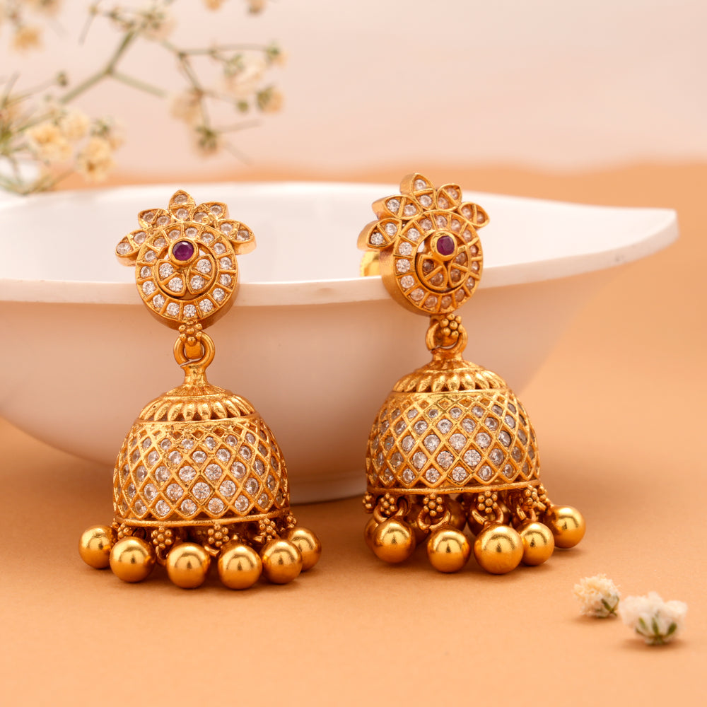 Antique Nakshi Gold Plated Jhumka With Golden Drops