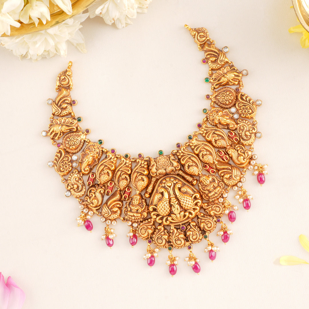 Peacock Nagas Gold Plated Ruby Drops Necklace
