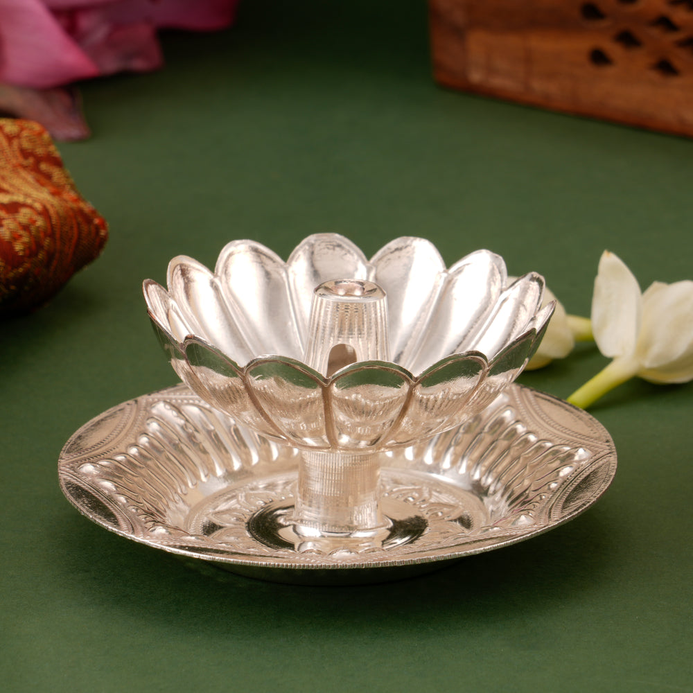 Shining Silver Lotus Diya Plate