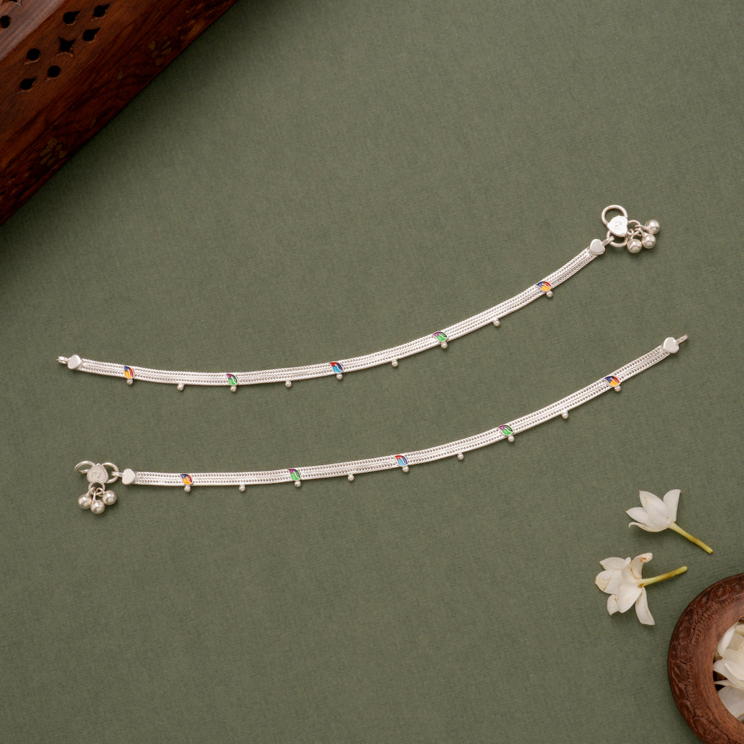 Multicolor Leaf Charm Silver Anklet