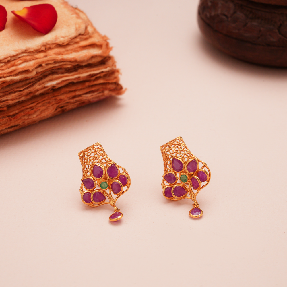 Elegant Ruby Emerald Gold Earrings