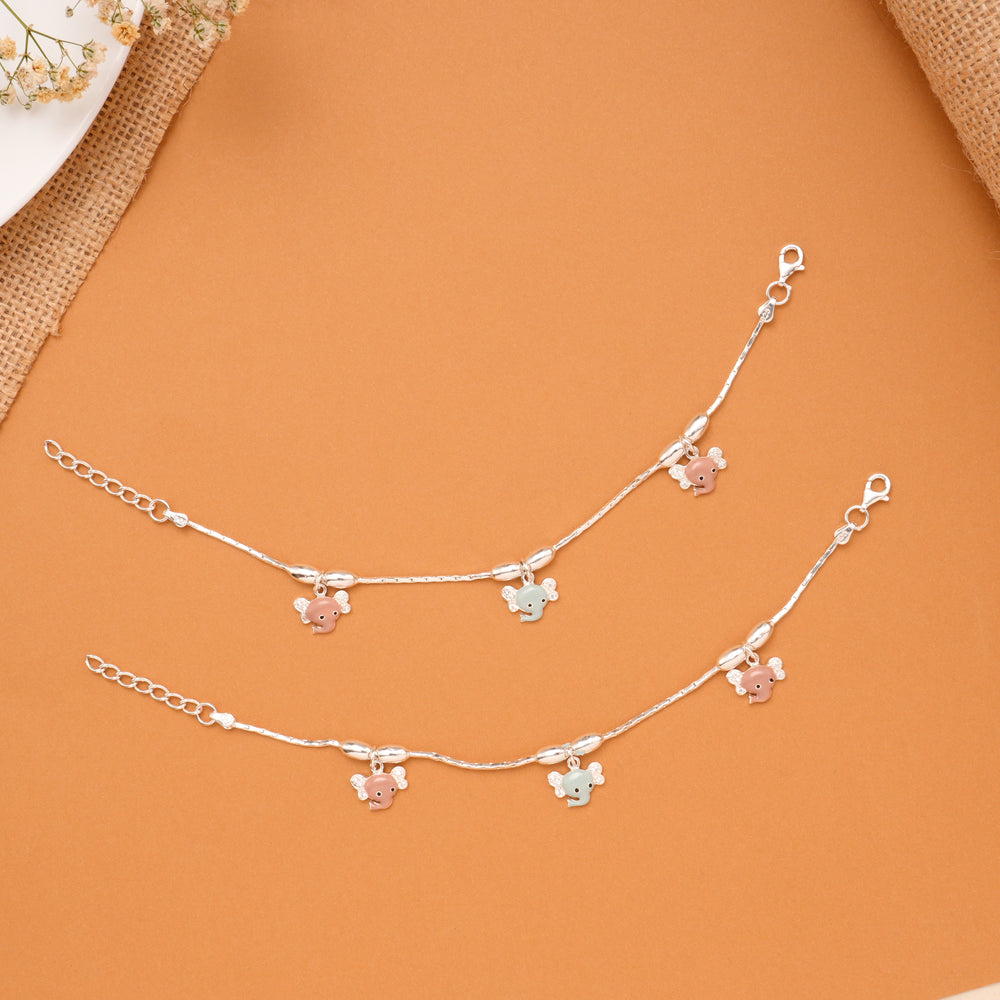 Pink & Blue Elephant Charm Baby Silver Anklet