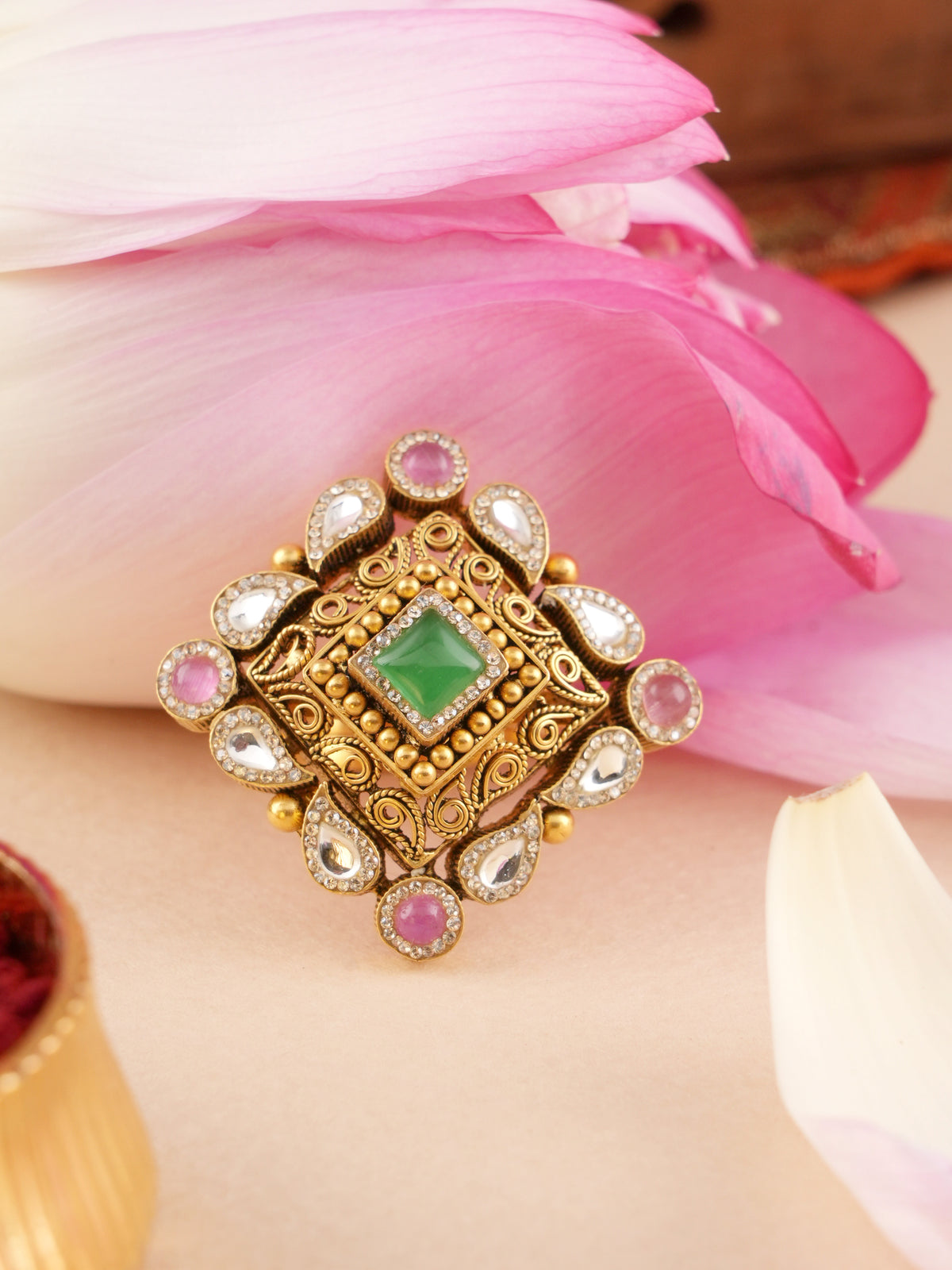 Antique Kundan Multi Stone Square Gold Ring