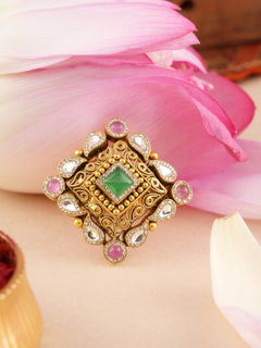 Antique Kundan Multi Stone Square Gold Ring