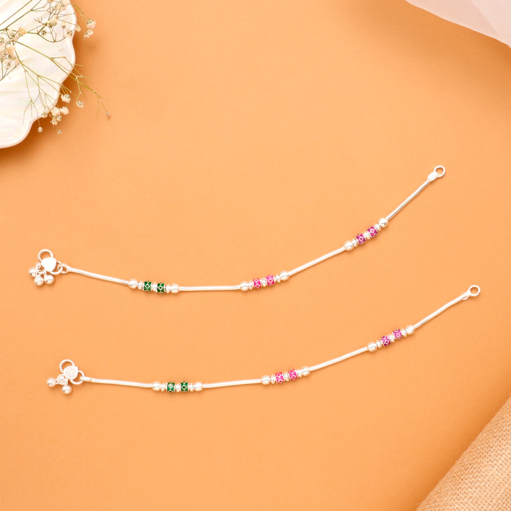 Green & Pink Bead Silver Anklet