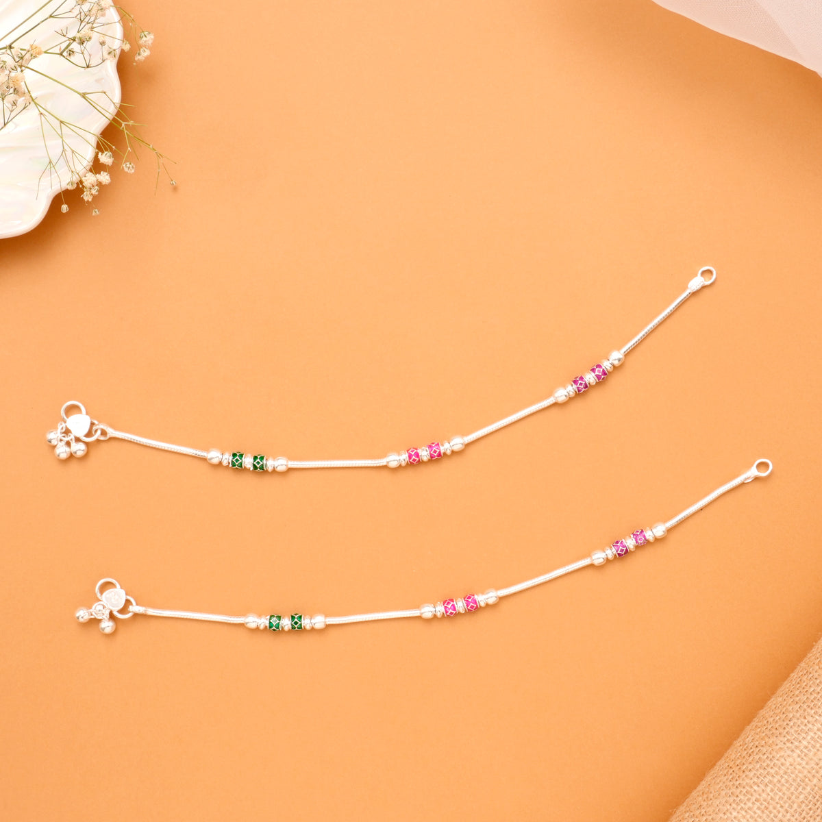Green & Pink Bead Silver Anklet