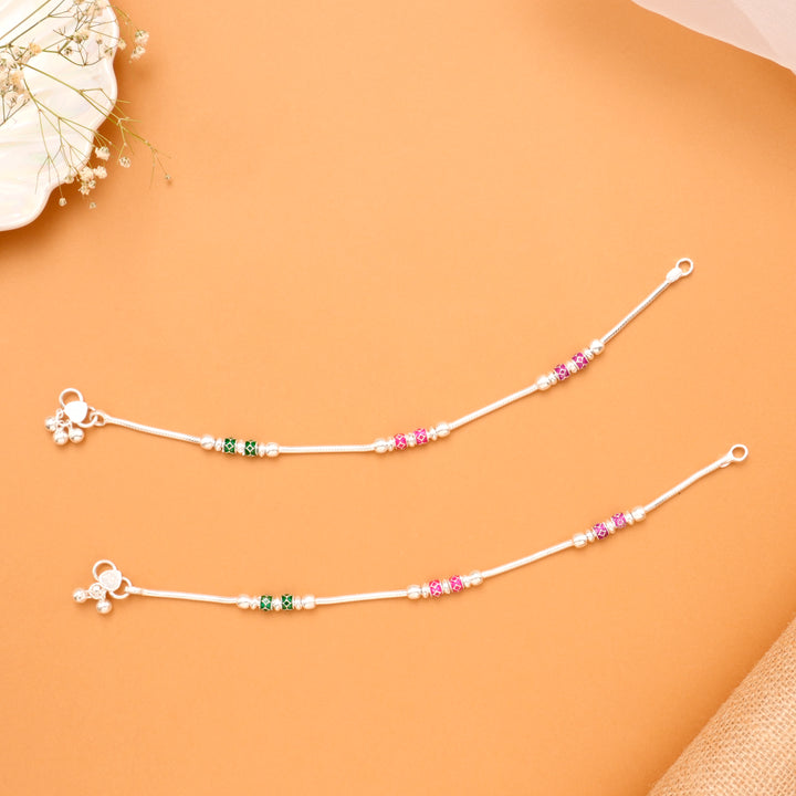 Green & Pink Bead Silver Anklet
