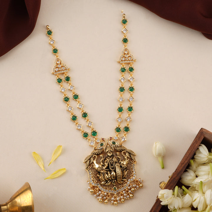 Lakshmi Pendant with Emerald Beads Necklace
