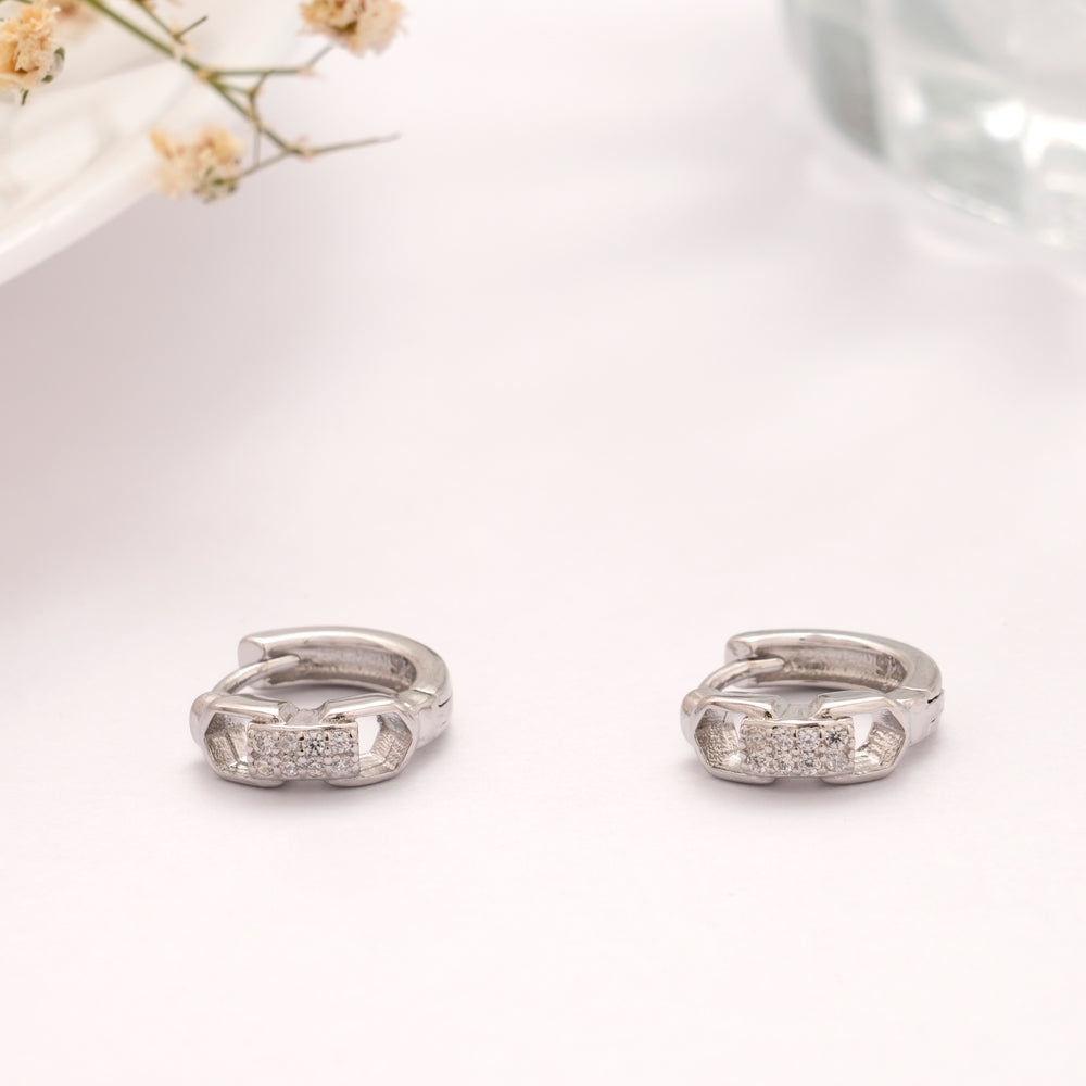 Rectangular Shape Link Stone Silver Hoop Earring