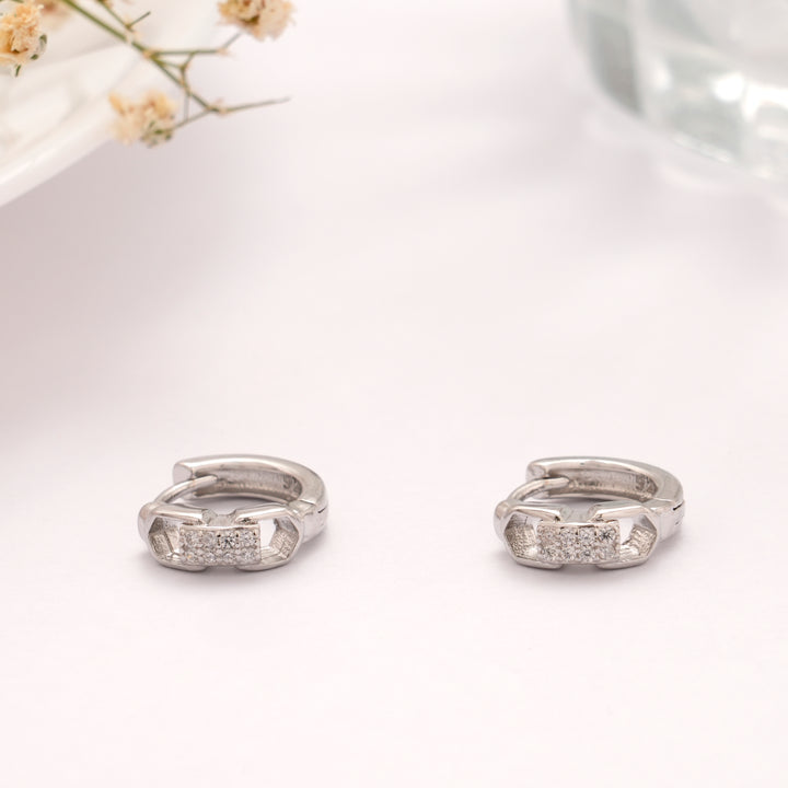 Rectangular Shape Link Stone Silver Hoop Earring