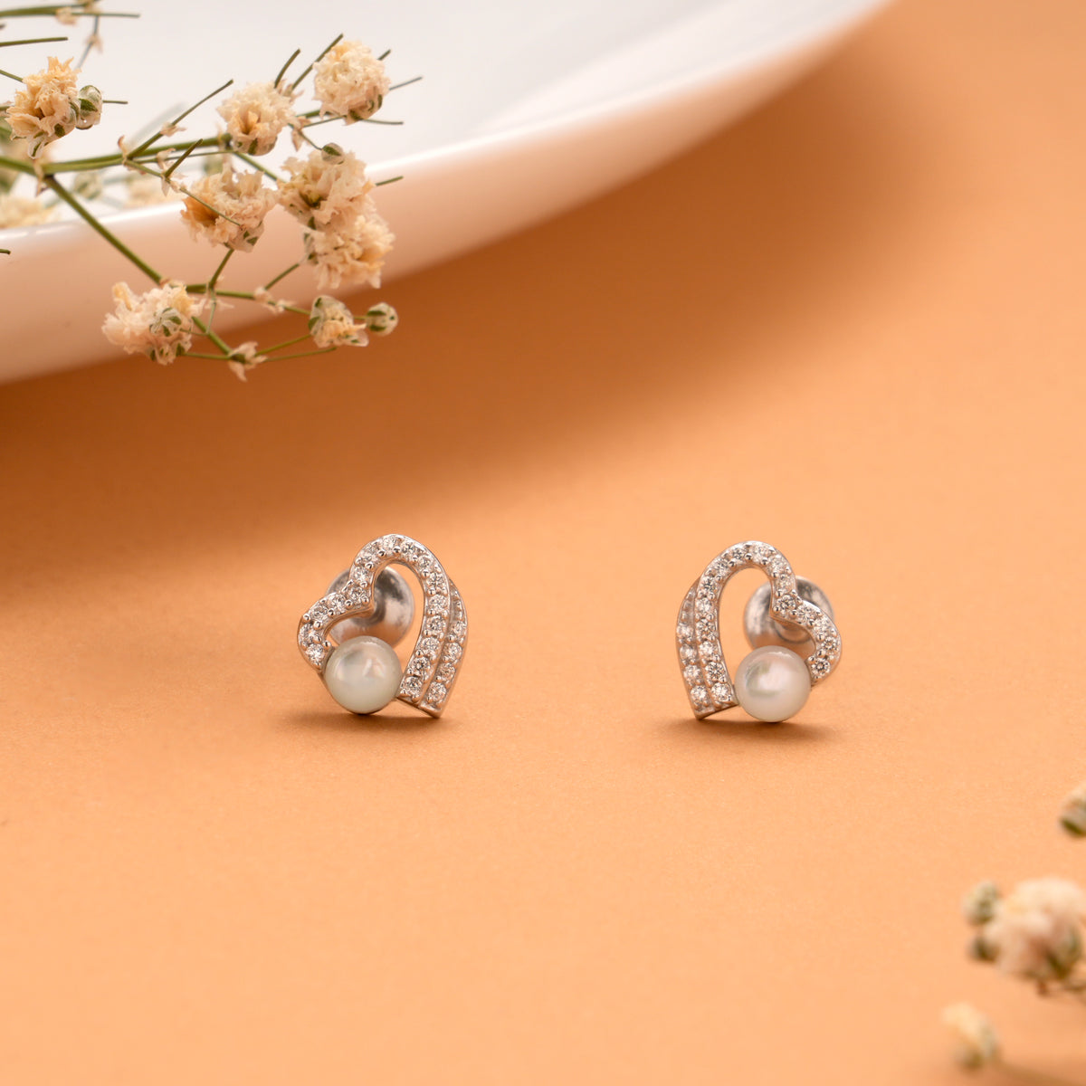 Tiny Pearl with Stone Heart Silver Stud