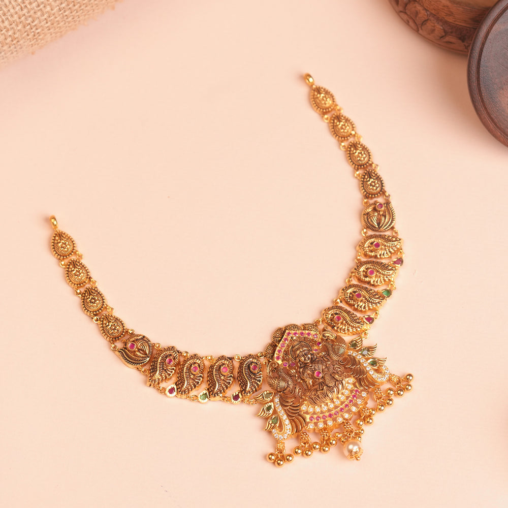 Gold Peacock Temple Necklace with Paisley Motif Chain and Ruby Green Stones