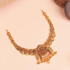 Gold Peacock Temple Necklace with Paisley Motif Chain and Ruby Green Stones