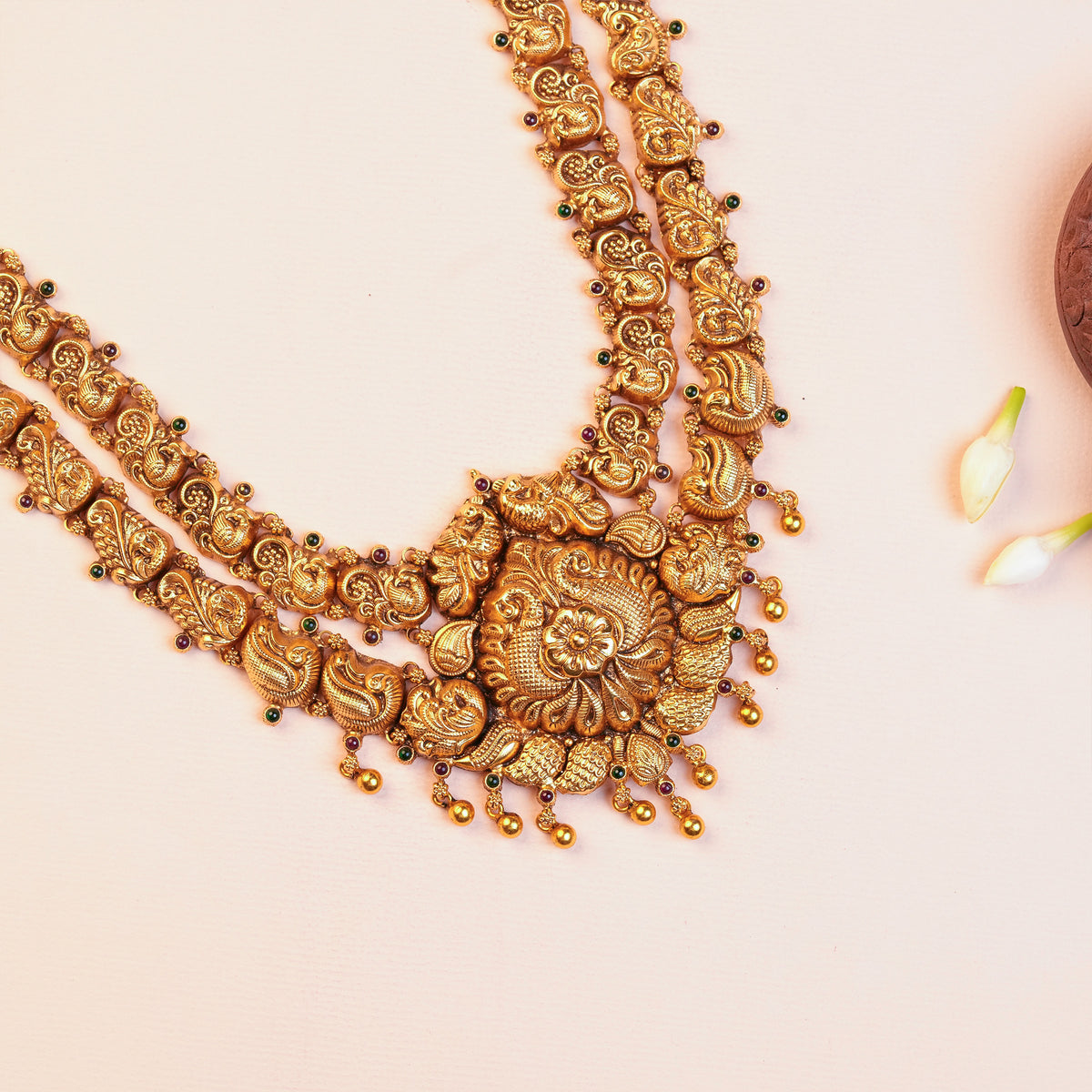Silver Double Layer Peacock Temple Haram with Lakshmi Motifs and Gold Ball Drops