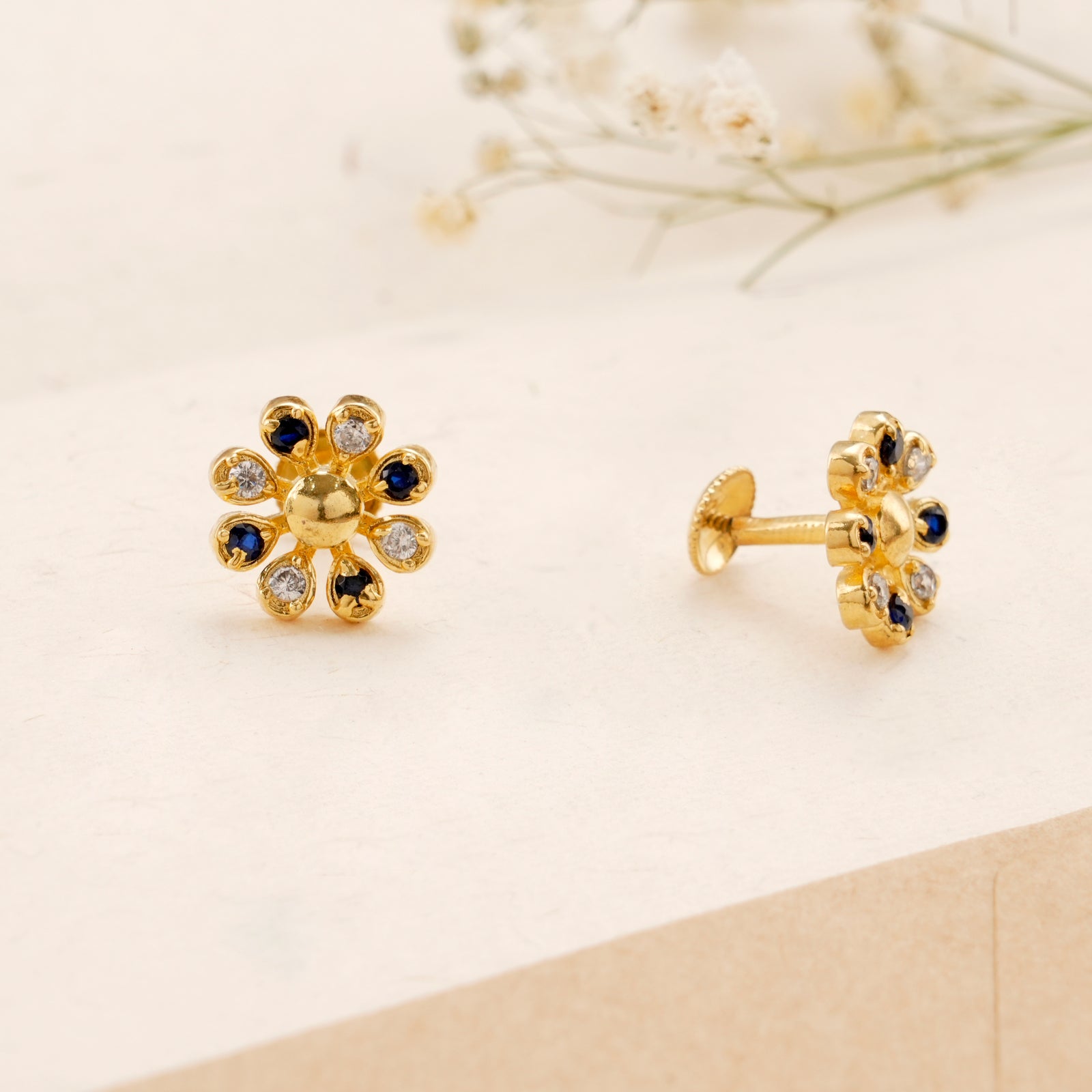 Golden Flower Design Blue Stone Earring