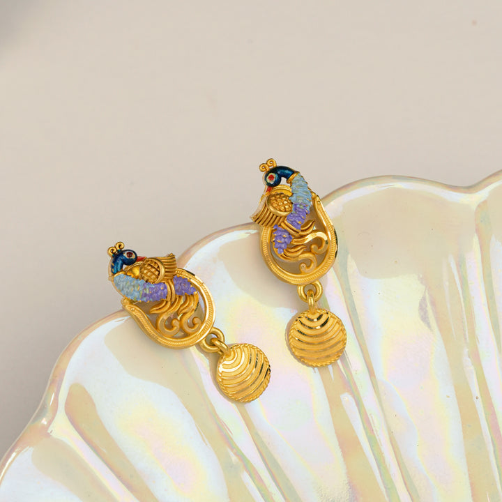 Graceful Peacock With Drops Gold Earring