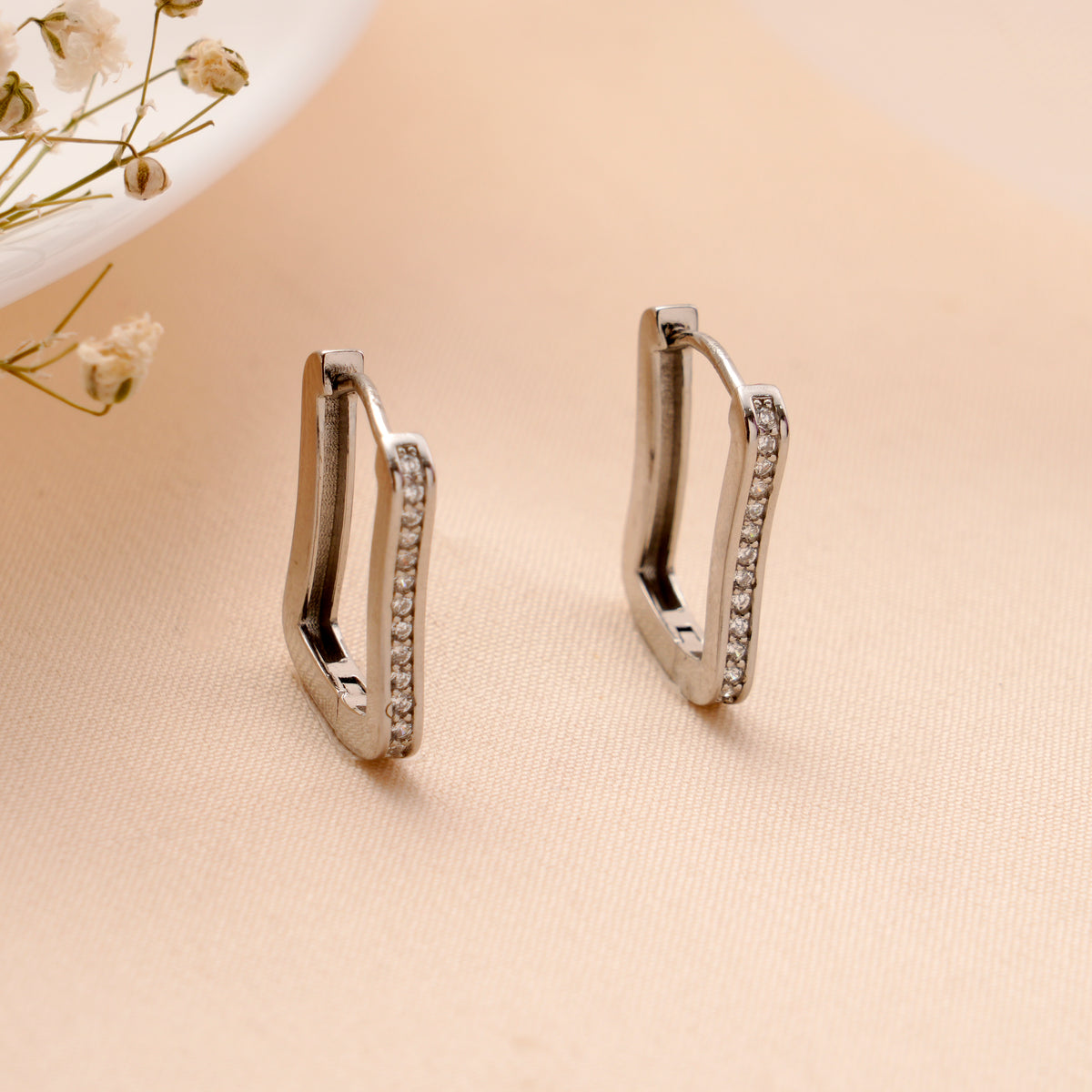 Geometric Rectangle Hoop Silver Stud
