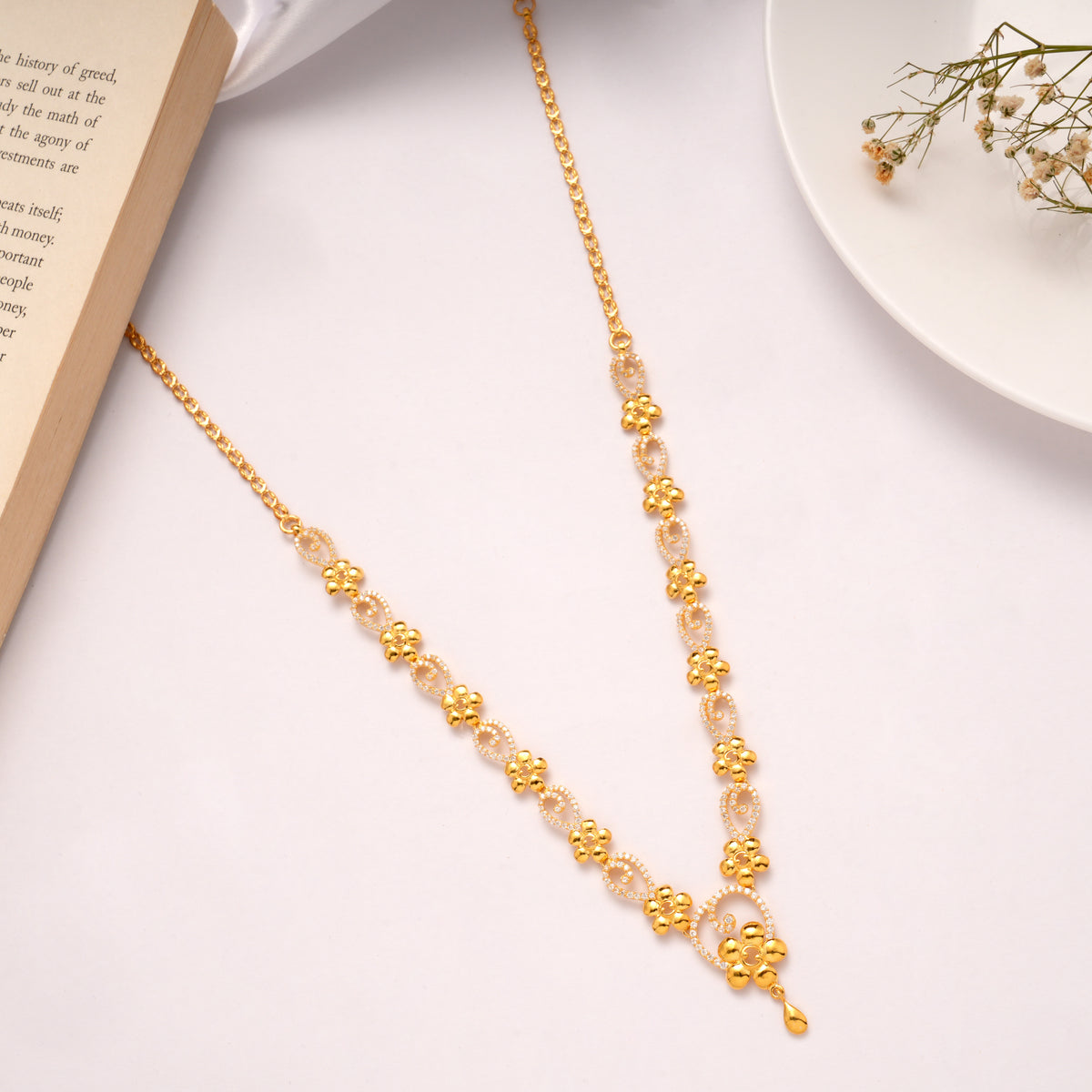 White Stone Leaf and Floral Golden Necklace Set