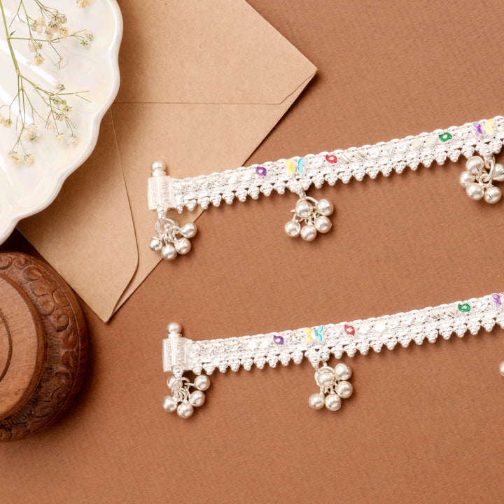 Minimal Enamel Signature Bell Drop Silver Anklet