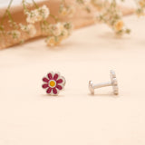 Pink Daisy Flower Enamel Silver Stud