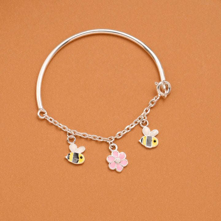 Minimal Floral Honey Bee Silver Baby Bangle