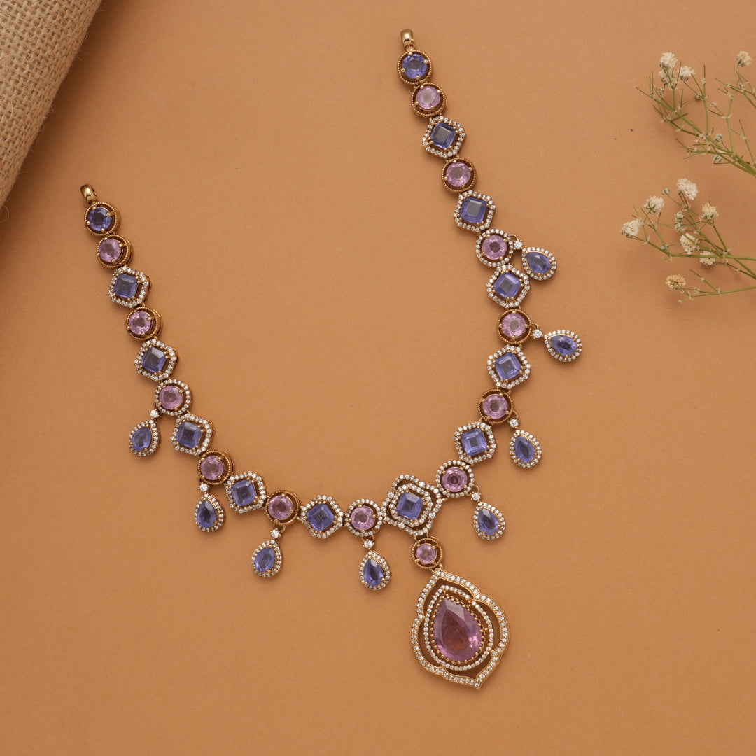 Elegant Purple Stone Golden Necklace Set